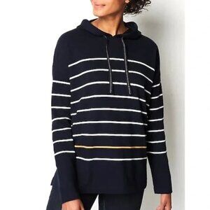 J. Jill Nautical Stripe Terry Cotton Pullover Hoodie In Navy & White Size S EUC